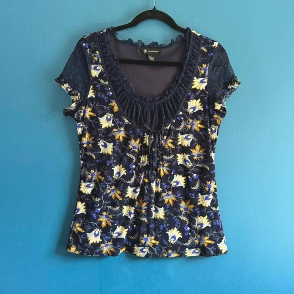 Y2K Mesh Lace Blouse Women's Size Large‎ Blue Floral Inc Sheer Whimsygoth Ribbon